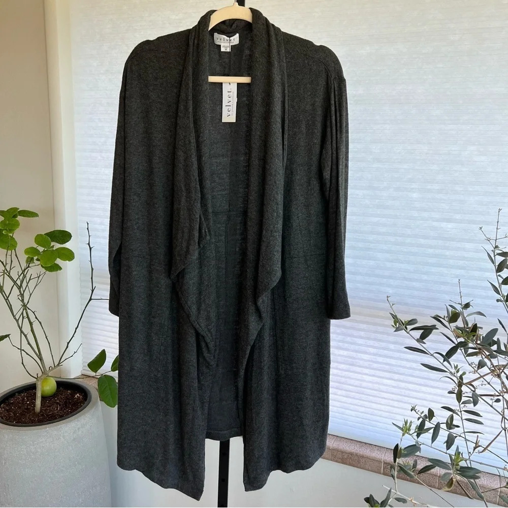 Velvet by Graham & Spencer Adonia Waterfall Drape Open Front Cardigan Anthracite